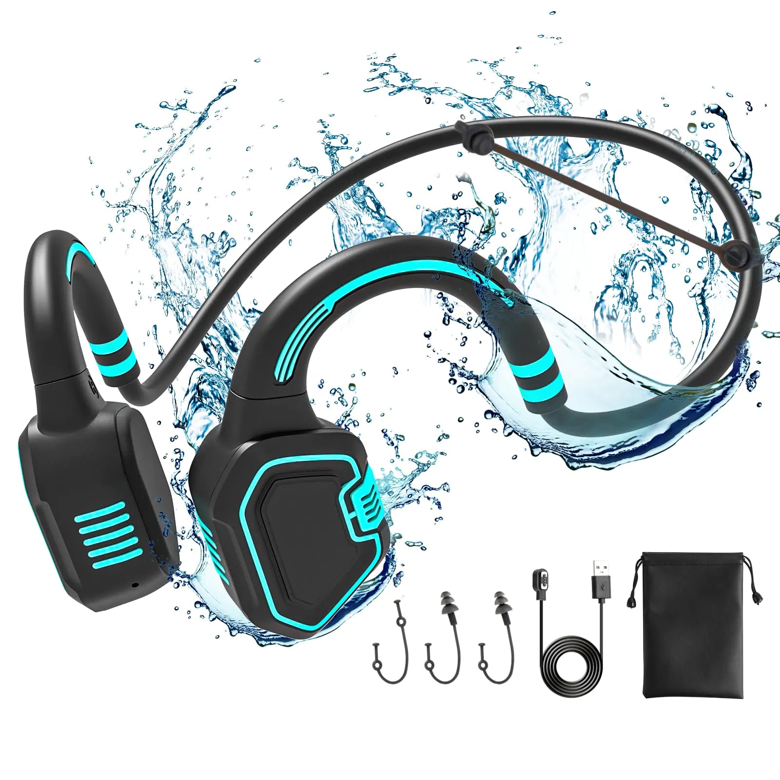 FJX Bone Conduction Waterproof Swimming Headphones - IP68 Waterproof Swimming Headphones Inductive Open Ear Wireless Bluetooth Sports Headset with MP3 Play 32G Memory for Running Swimming (Blue)